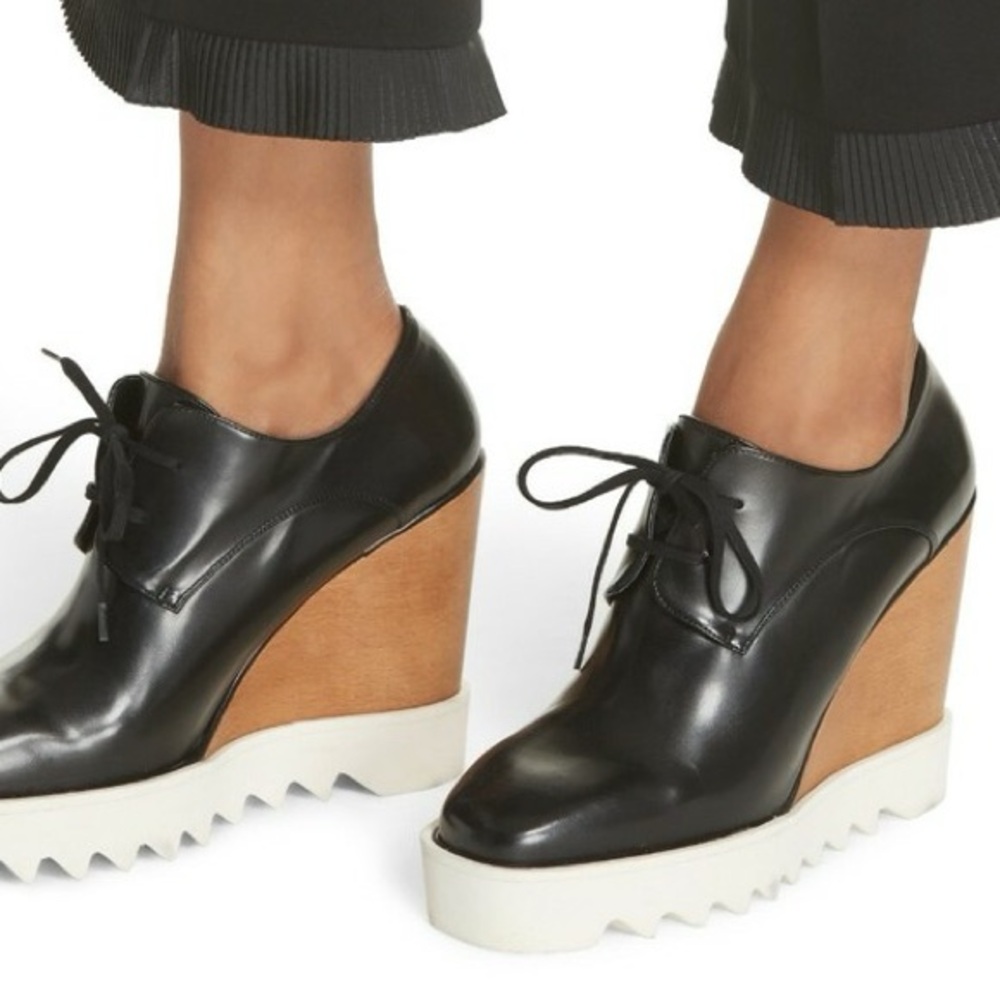 Stella McCartney Black Faux Leather Leana Wooden Wedge Lace-Up Oxfords Size 40